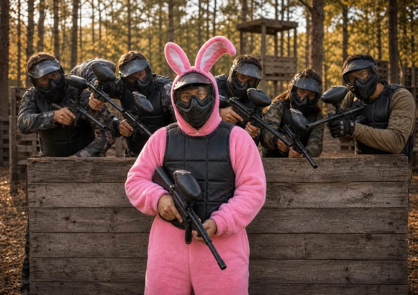 Gruppo di amici festeggia un addio al celibato sul campo da paintball