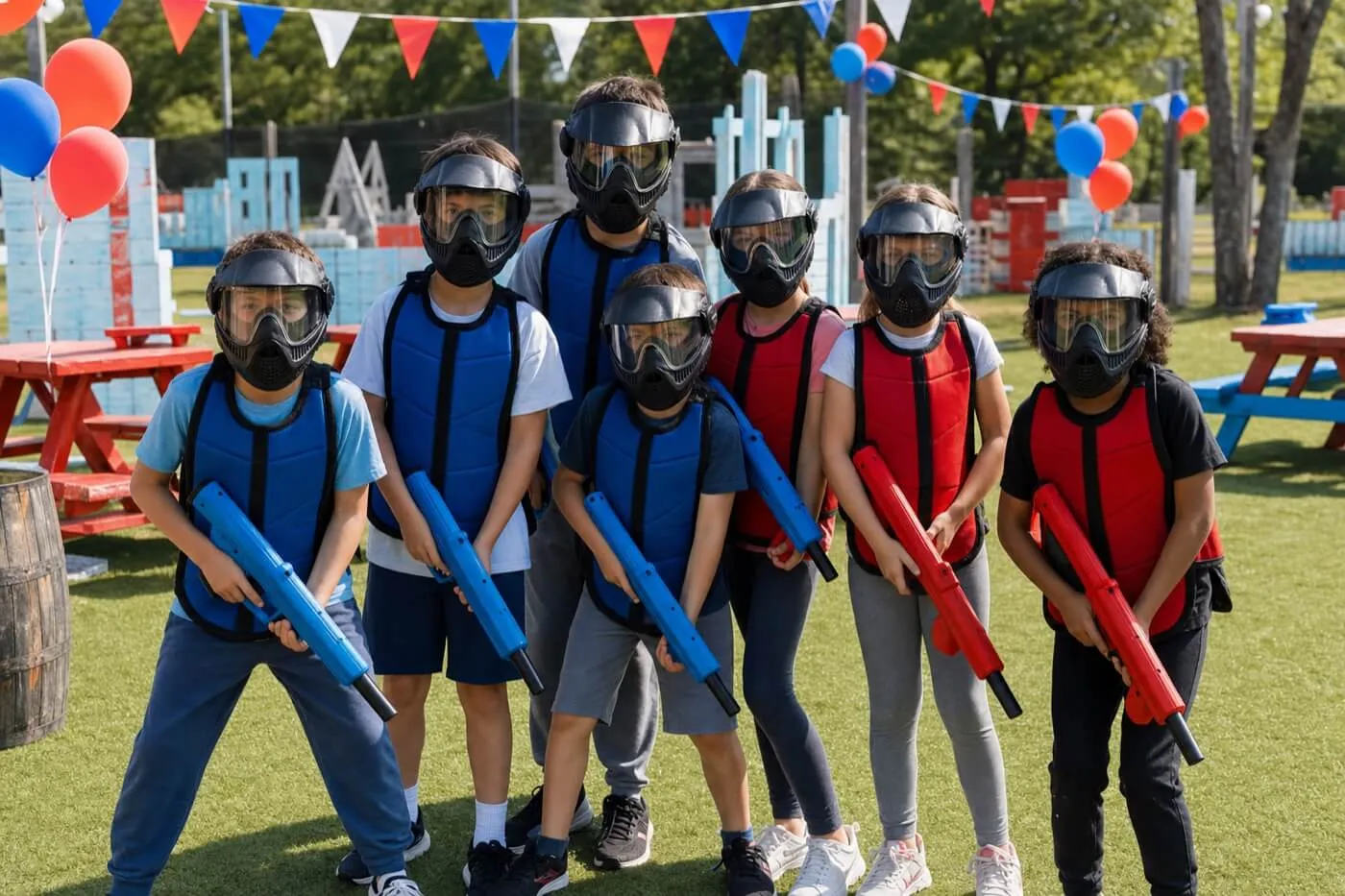 Festa di compleanno con ragazzi in tenuta da paintball
