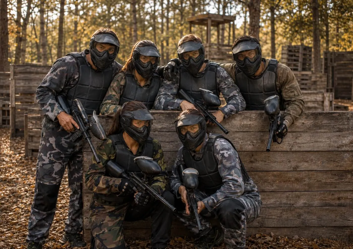 Colleghi durante una giornata di team building a paintball
